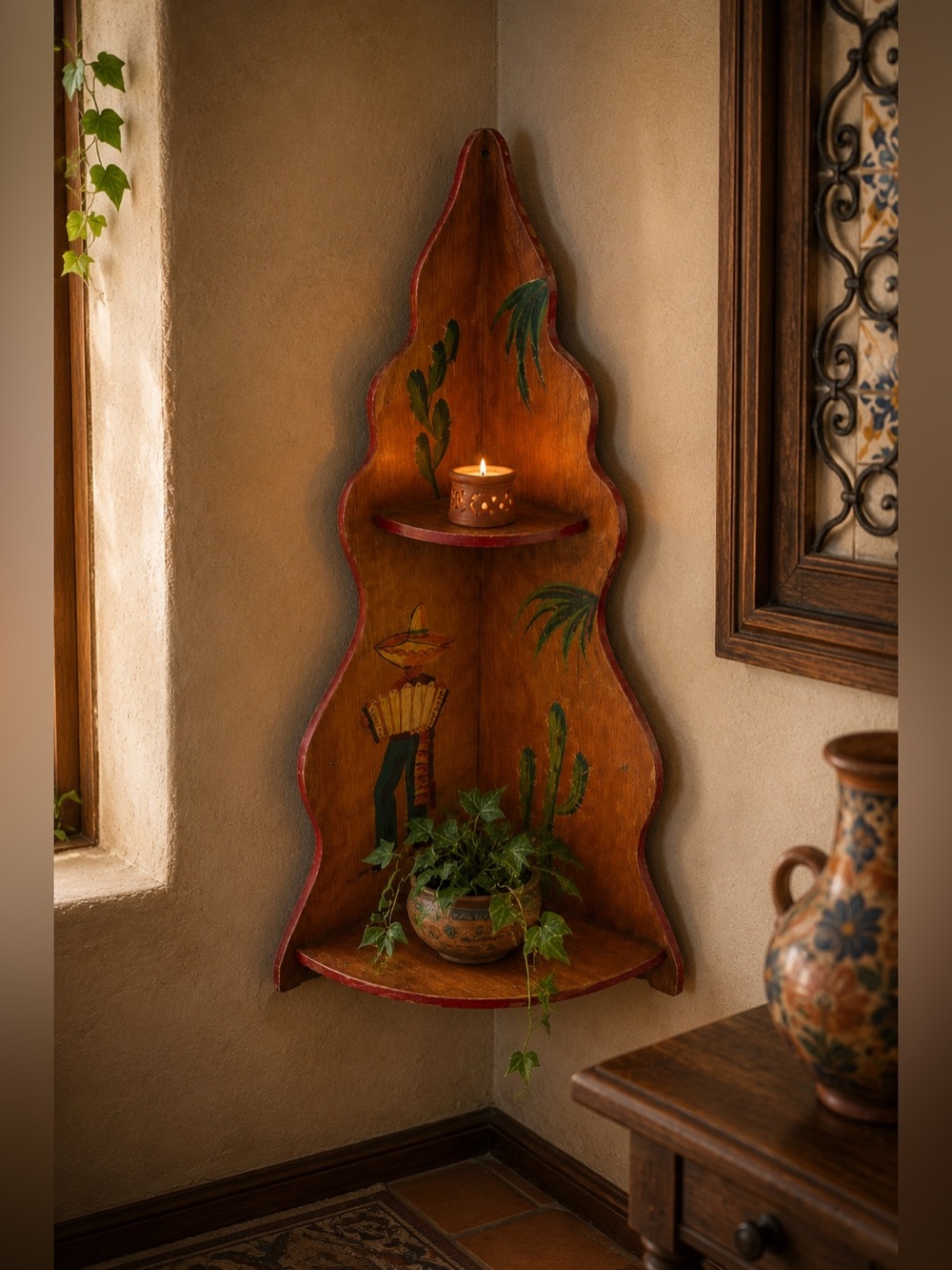 Vintage Hand Painted Mexican Folk Art Wooden Corner Wall Shelf Hacienda SW Decor